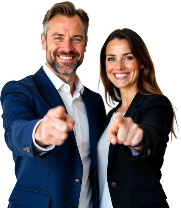A smiling man in a navy suit and a woman in a black blazer point towards the viewer for Website Promotions.